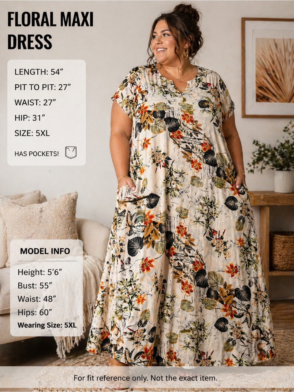 5XL Floral Maxi Dress Pockets Boho Flowy Plus Size 5X